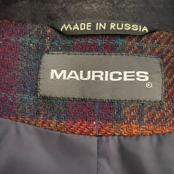 VTG 90s colorful plaid wool oversized blazer leather trim S academia old money - Picture 5 of 14